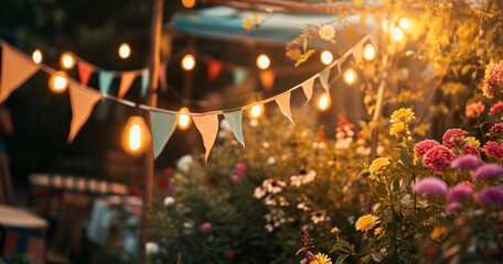 bunting is hung above flowers in a patio or yard at a party