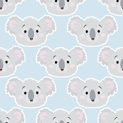 Cute gray koala heads in a seamless pattern on a blue background