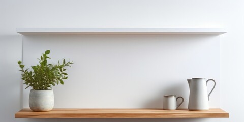 Empty Shelf With Potted Plant and Mugs in a Kitchen Setting Generative AI