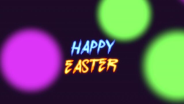 A vibrant Easter-themed image featuring the words Happy Easter in green surrounded by colorful circles on a dark, starry background