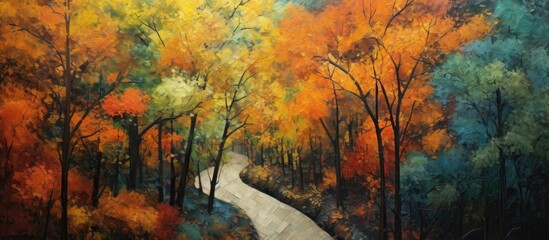 A bird's-eye perspective of a road in a fall forest with vibrant trees