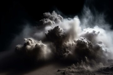 Dust bursts among clouds of powder on a dark background. Generative AI