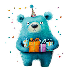 Birthday teddy bear clipart, Funny Blue Teddy Bear, Watercolor birthday bears PNG, Nursery art bundle, Baby shower, Teddy Bear Art