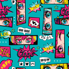 Anime girl big eyes seamless pattern on blue background. Vector anime style print for wrapping paper. Wallpaper with comics style speech bubble, lettering. Kawaii girl