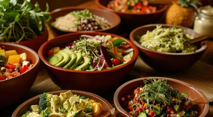 an assortment of bowls of different salads