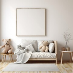 Teddy Bear Sitting on Chair Next to Couch in Empty Baby Nursery Generative AI