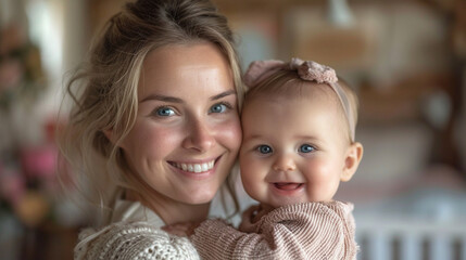 A captivating moment as a beautiful mother with flowing hair tenderly cradles her giggling baby, the sheer joy and innocence captured in their smiles in a lovingly decorated nurser