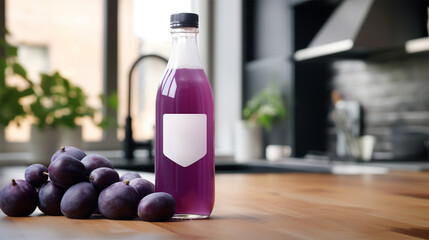plum smoothie, fruit juice, drink from fresh plums in a bottle, on the table in the kitchen, copy...