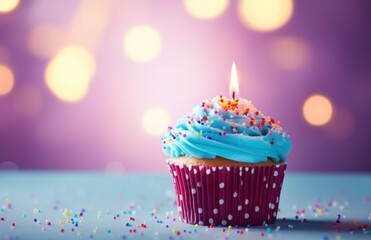 a red birthday cupcake with a candle in front of white circles