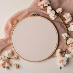 Embroidery hoop blank, without design, clean mockup, flowers, boho style. Embroidery mockup