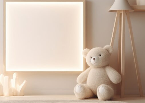 Teddy Bear Sitting in Front of Picture Frame in Baby Nursery Generative AI