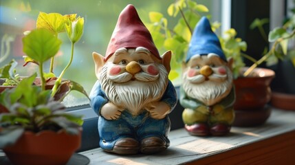 cute little ceramic gnome , stay on windowsill with spring decoration