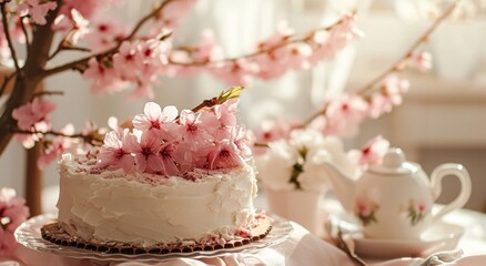 Fototapeta premium beautiful pink flowers are shown behind the cake and teapot