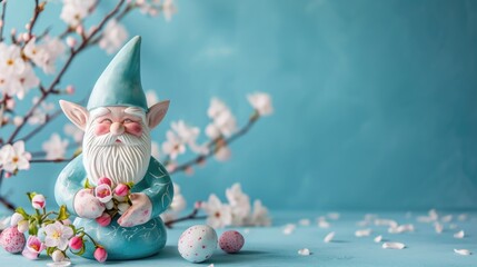 Sales banner with cute little ceramic gnome with spring decoration