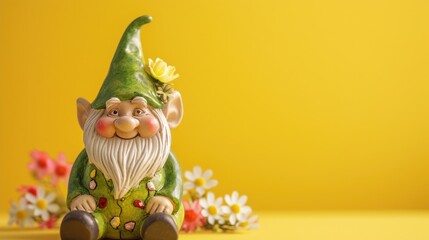 Sales banner with cute little ceramic gnome with spring decoration,fee copy space