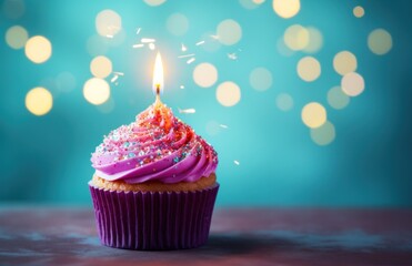 a red birthday cupcake with a candle in front of white circles