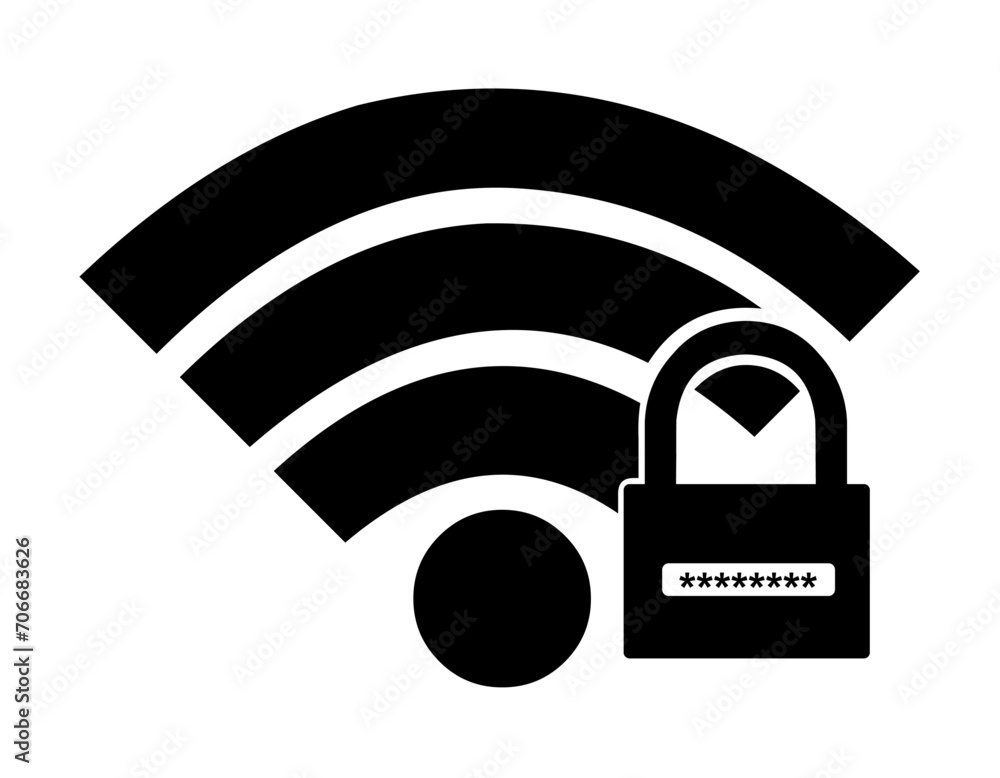 Poster vector illustration black icon wifi password and security code unlocked padlock object, internet acc