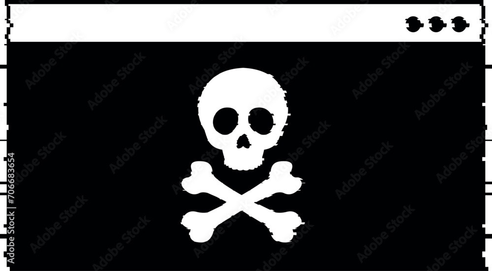 Poster vector illustration black and white icon skull crossbones head terminal cmd software, in concept mal