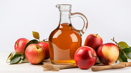 a jug of apple juice or drink surrounded by apples on a light background, with space for text