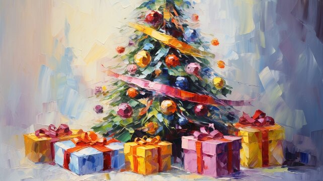 Christmas decor ornament gifts tree oil painting wallpaper AI Generated Image
