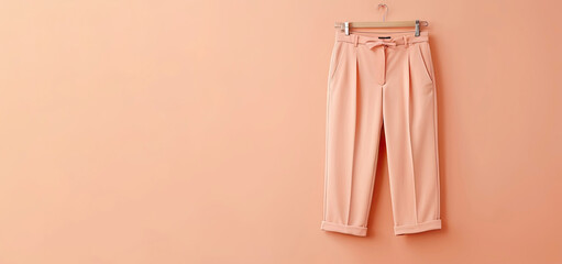 peach-colored trousers hang on a hanger on a peach background