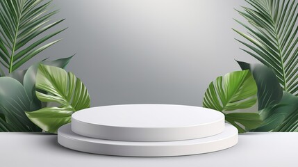 stage 3d gray white background product display podium scene with leaf platform. grey background vector 3d rendering with podium. summer stage white cosmetic product. Generative Ai