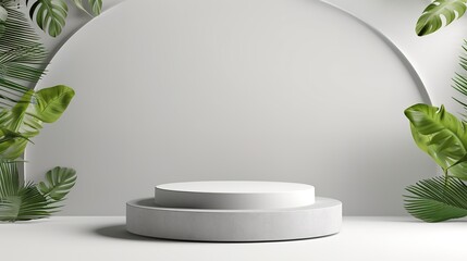 stage 3d gray white background product display podium scene with leaf platform. grey background vector 3d rendering with podium. summer stage white cosmetic product. Generative Ai