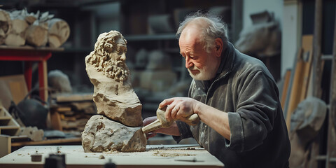 Um escultor em um estúdio de escultura em pedra, cinzelando uma grande pedra para revelar a forma emergente de uma escultura figurativa.