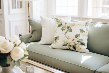 Elegant home interior with decorative pillows. Cottagecore style design.