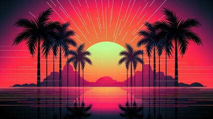 synth neon palm trees in the style of minimalist 80s trance poster illustration. Generative Ai