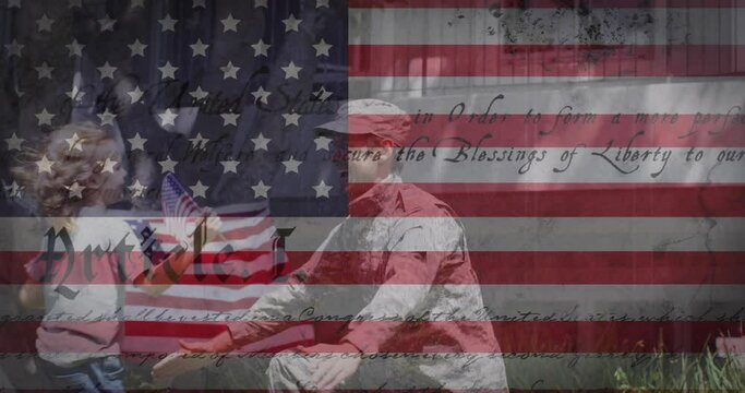 Animation of american flag and constitution over soldier father greeting daughter