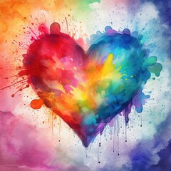 A watercolor illustration of a rainbow heart