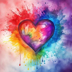 A watercolor illustration of a rainbow heart