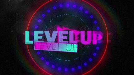 Animation of level up text over colourful circular scanner rotating on black background