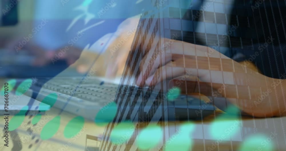 Poster animation of data processing and icons over caucasian businessman using computer in office
