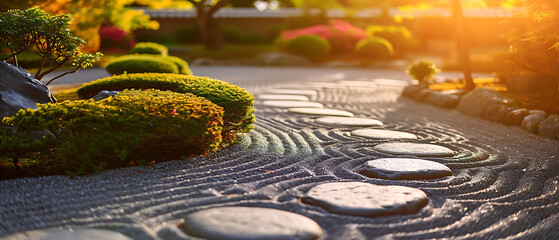 Uma imagem serena de um jardim zen japonês, refletindo os princípios do budismo zen e capturando a simplicidade e tranquilidade inerentes ao design de jardim japonês. - obrazy, fototapety, plakaty