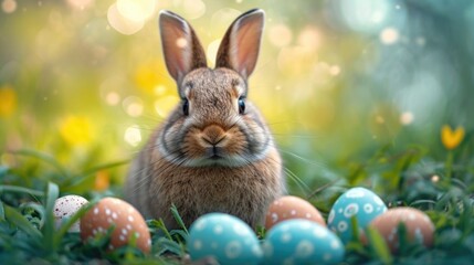 A rabbit sitting in the grass surrounded by easter eggs.