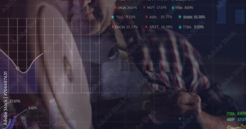 Poster animation of data processing on interface screens over caucasian craftsman working in safety glasses