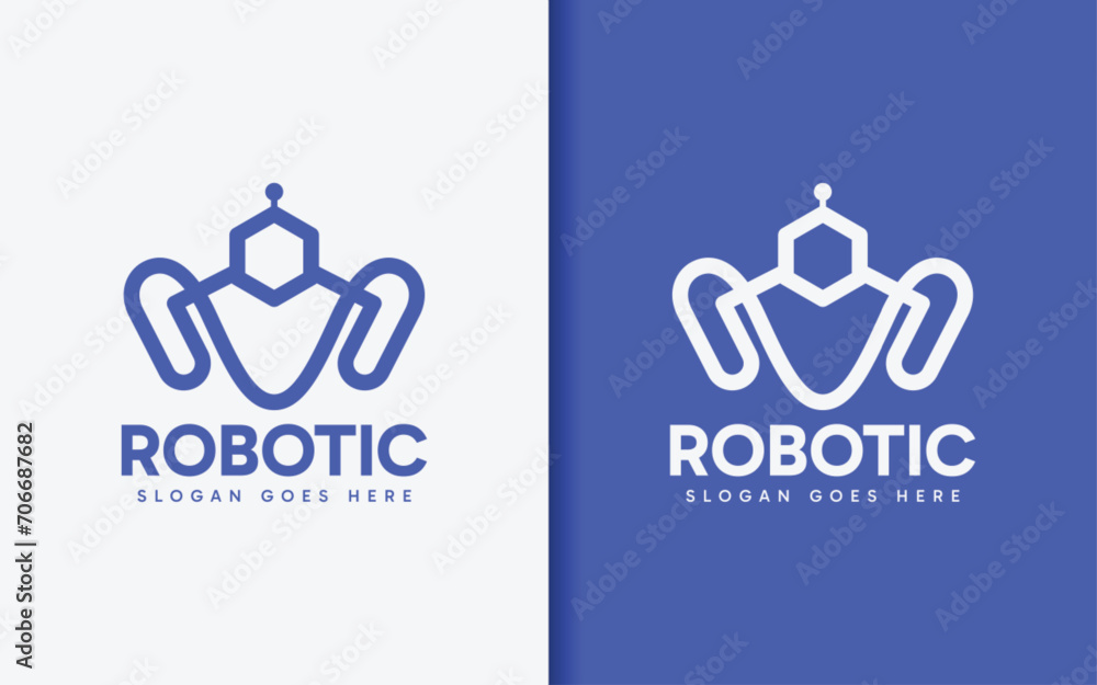 Poster Flat Minimalist Robotic Logo Design with Geometric Lines Combination Concept. Vector Tech Symbol Illustration.