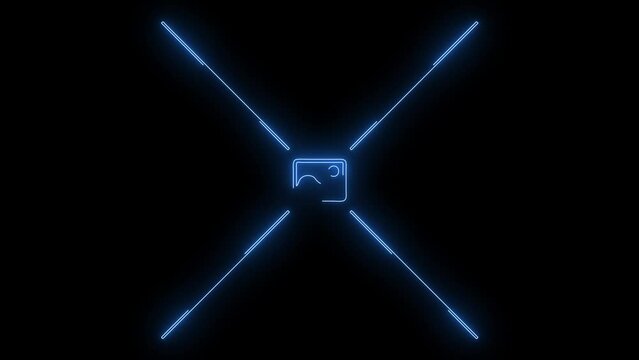 Video footage of Blue glowing Missing image neon icon. Looped Neon Lines abstract on black background. Futuristic laser background. Seamless loop. 4k video