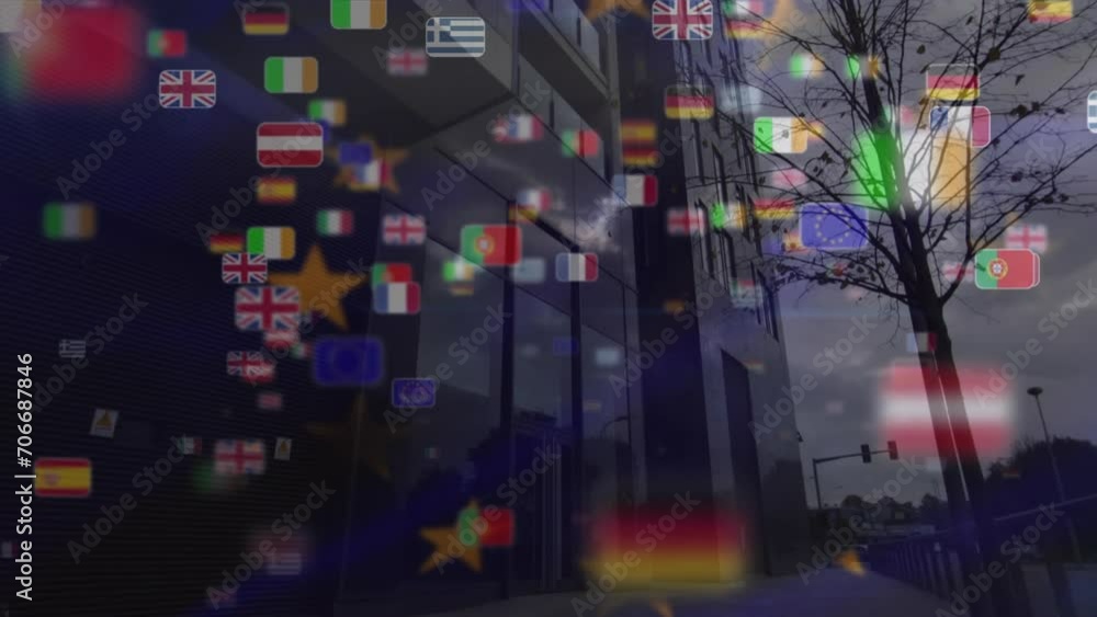 Aufkleber animation of waving eu flag over eu countries flag miniatures floating against tall building