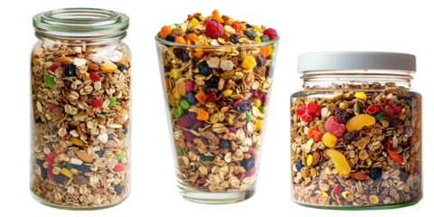 Colorful cereals in a glass, transparent or isolated on white background