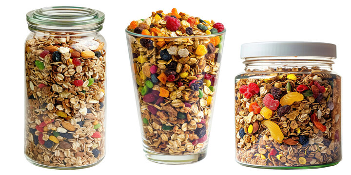 Colorful cereals in a glass, transparent or isolated on white background