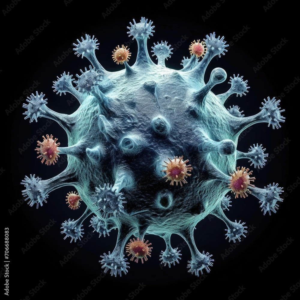 Poster a close up view of a corona virus particle on black background.
