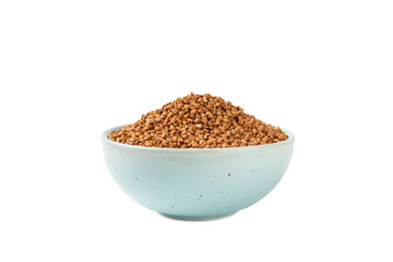 Raw buckwheat in a bowl isolated on a white background. Wheat grains, porridge, cereals, raw buckwheat in a plate. Healthy food. Porridge. Diet. Organic cerea