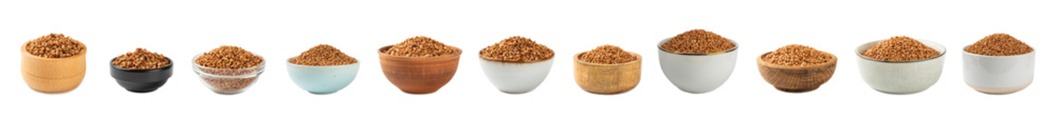Raw buckwheat in a bowl isolated on a white background. Wheat grains, porridge, cereals, raw...