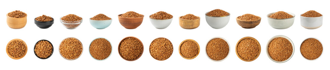 Raw buckwheat in a bowl isolated on a white background. Wheat grains, porridge, cereals, raw buckwheat in a plate. Healthy food. Porridge. Diet. Organic cerea