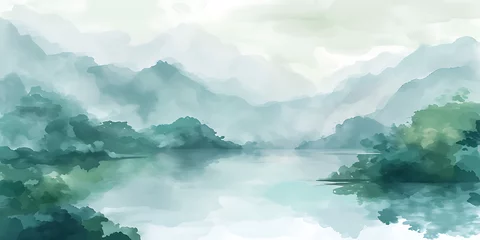 Fotobehang Uma pintura de paisagem serena retratando uma cena tranquila com montanhas, um lago reflexivo e uma paleta de cores suaves e pastéis. © Alexandre