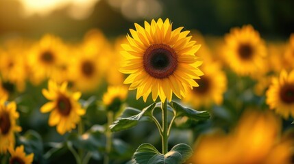 A field of sunflowers with the sun setting in the background. - obrazy, fototapety, plakaty