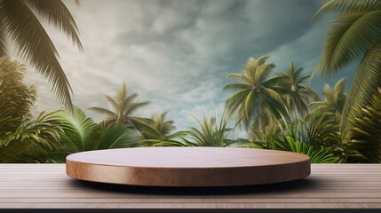 Fototapeta premium Table top podium stage stand on tropical palm tree background for product placement 3d render. Generative Ai